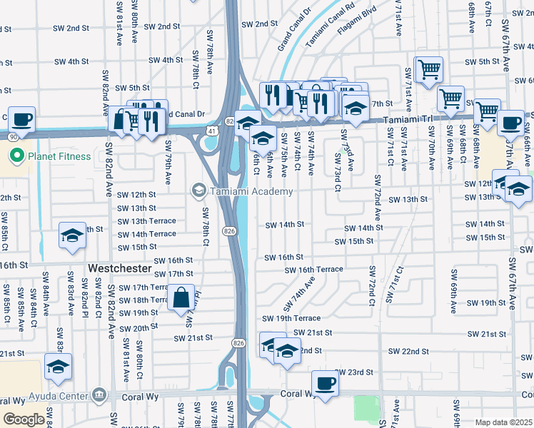 map of restaurants, bars, coffee shops, grocery stores, and more near 1241 Southwest 76th Court in Miami