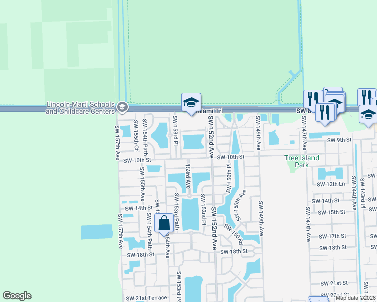 map of restaurants, bars, coffee shops, grocery stores, and more near 940 Southwest 153rd Court in Miami