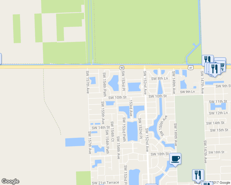 map of restaurants, bars, coffee shops, grocery stores, and more near 15403 Southwest 9th Way in Miami