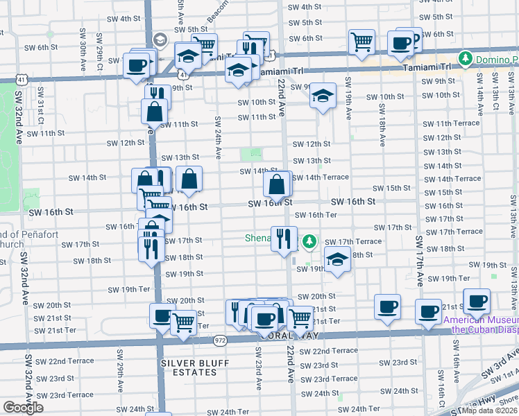 map of restaurants, bars, coffee shops, grocery stores, and more near 2280 Southwest 16th Street in Miami