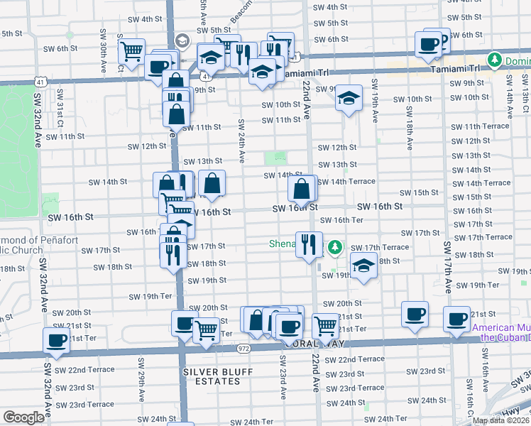 map of restaurants, bars, coffee shops, grocery stores, and more near 2351 Southwest 16th Street in Miami