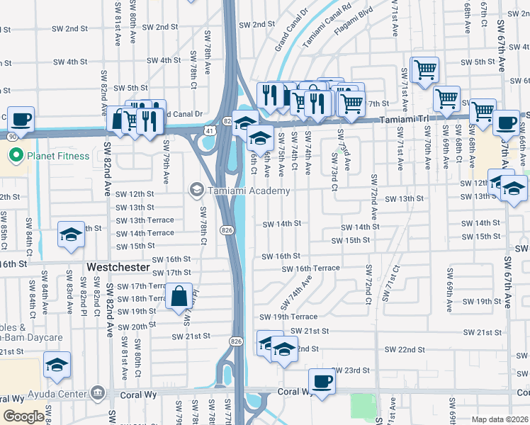map of restaurants, bars, coffee shops, grocery stores, and more near 1241 Southwest 76th Court in Miami