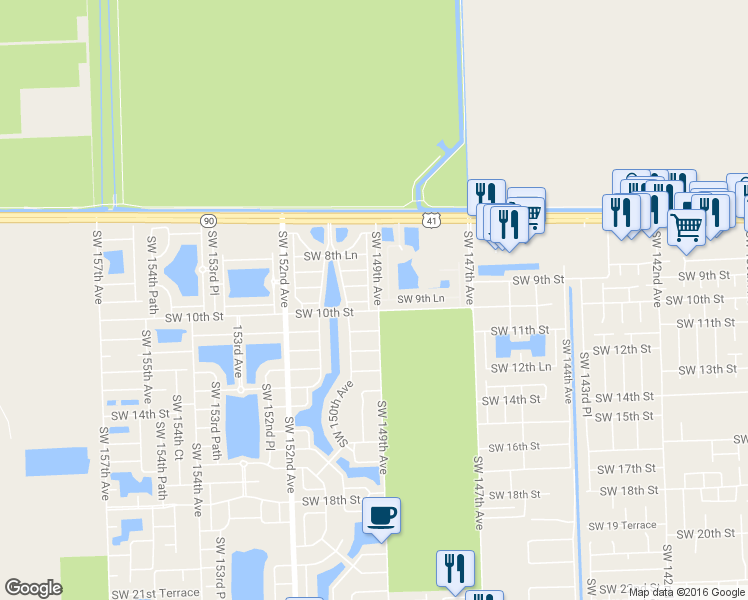 map of restaurants, bars, coffee shops, grocery stores, and more near 974 Southwest 149th Court in Miami
