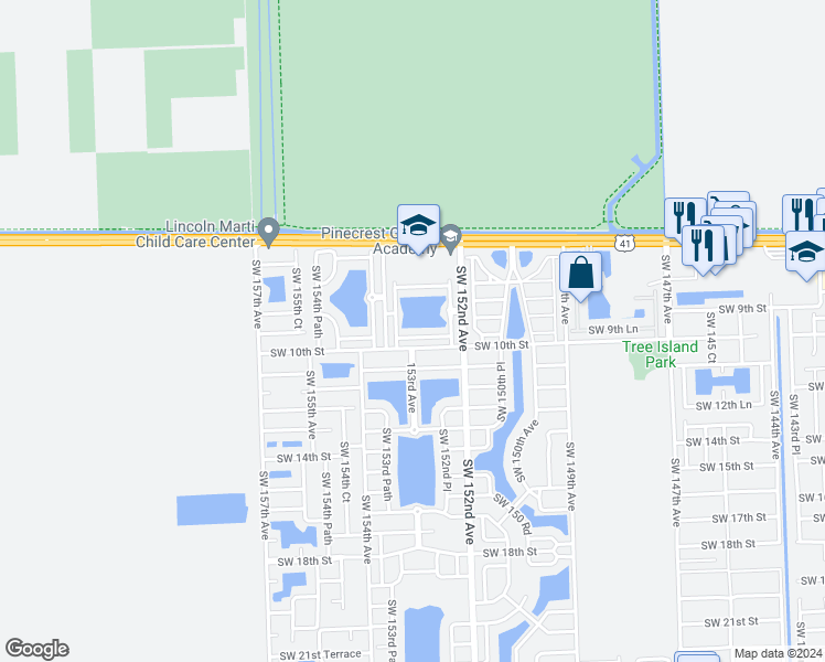 map of restaurants, bars, coffee shops, grocery stores, and more near 940 Southwest 153rd Court in Miami