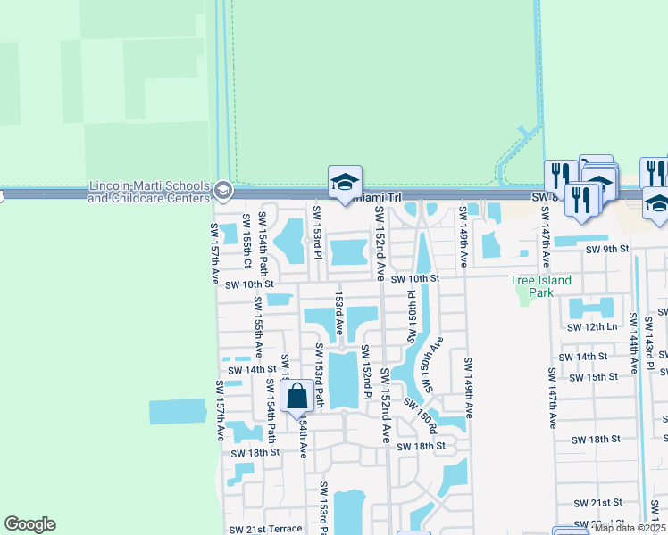 map of restaurants, bars, coffee shops, grocery stores, and more near 940 Southwest 153rd Court in Miami