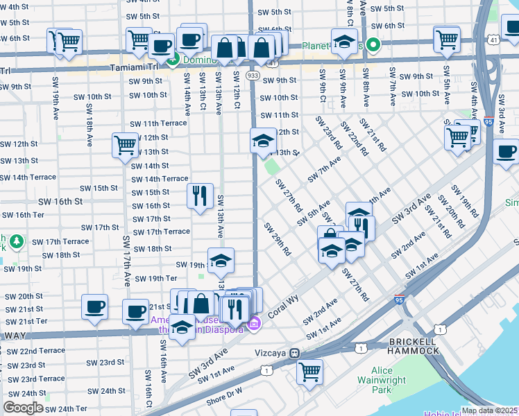 map of restaurants, bars, coffee shops, grocery stores, and more near 1565 Southwest 12th Avenue in Miami