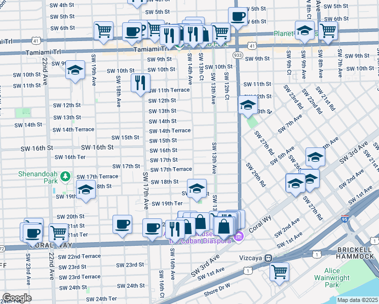 map of restaurants, bars, coffee shops, grocery stores, and more near 1410 Southwest 16th Street in Miami