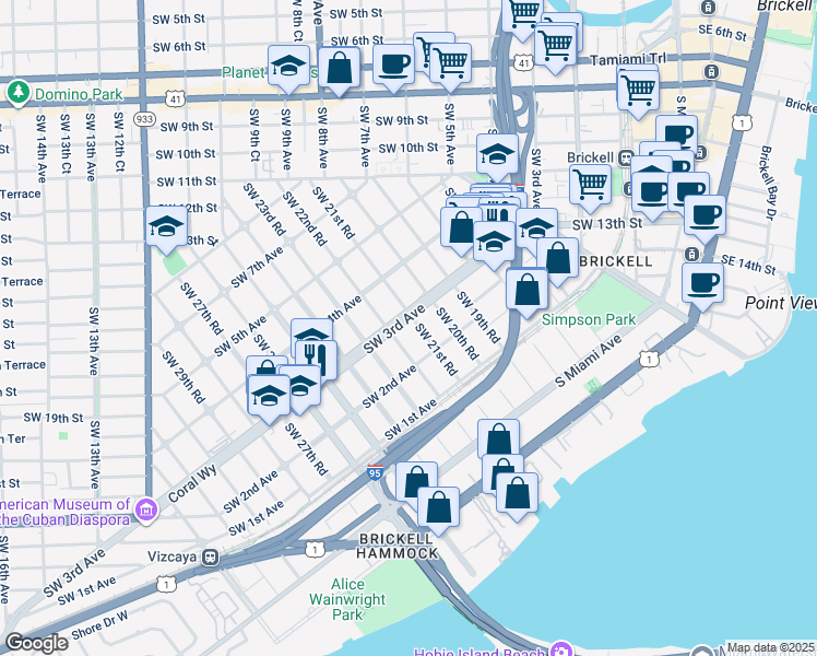 map of restaurants, bars, coffee shops, grocery stores, and more near 2115 Southwest 3rd Avenue in Miami