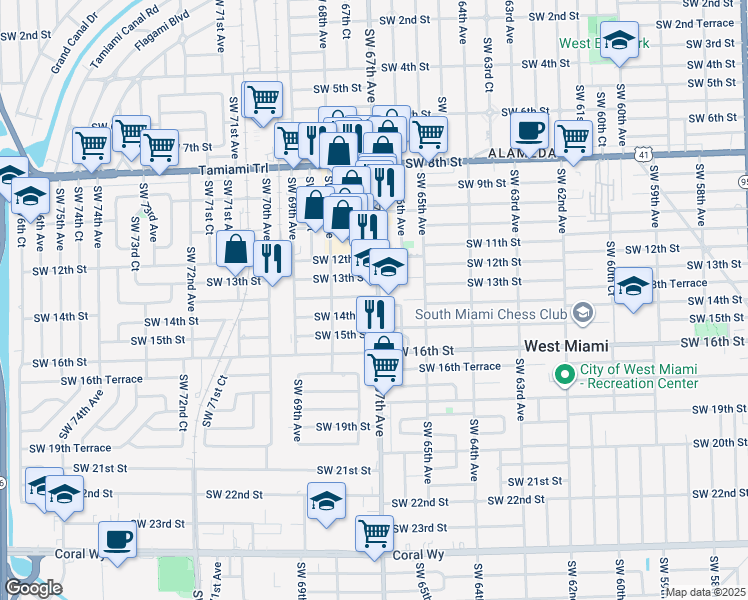 map of restaurants, bars, coffee shops, grocery stores, and more near 1350 Ludlam Road in West Miami
