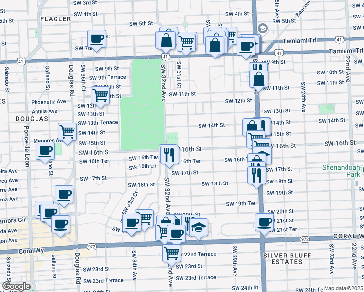 map of restaurants, bars, coffee shops, grocery stores, and more near 3149 Southwest 16th Street in Miami