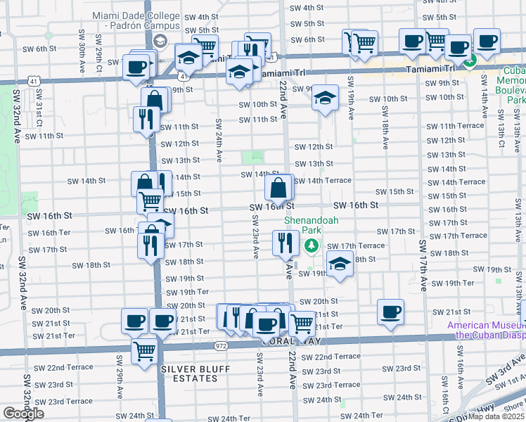 map of restaurants, bars, coffee shops, grocery stores, and more near 2280 Southwest 16th Street in Miami