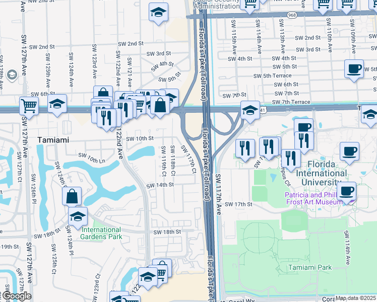 map of restaurants, bars, coffee shops, grocery stores, and more near 1061 Southwest 117th Court in Miami