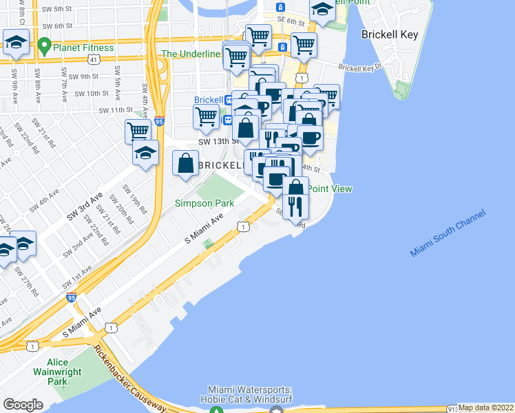 map of restaurants, bars, coffee shops, grocery stores, and more near 1441 Brickell Avenue in Miami