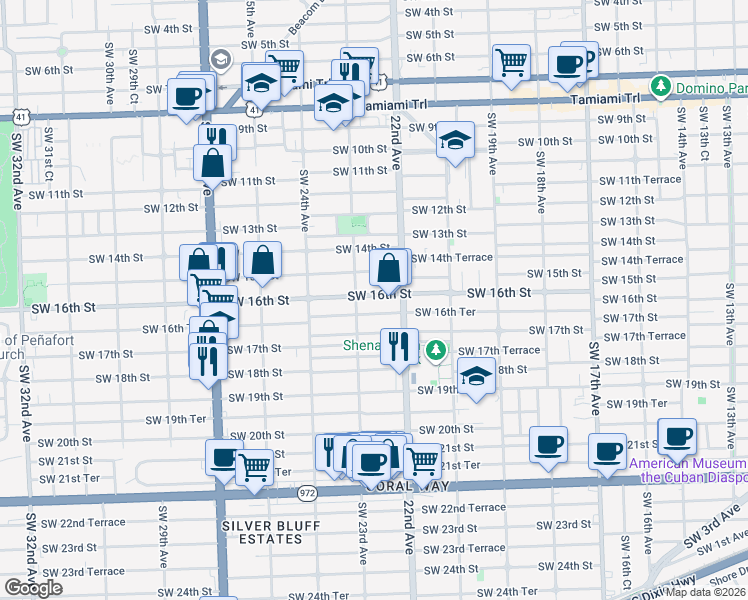 map of restaurants, bars, coffee shops, grocery stores, and more near 2280 Southwest 16th Street in Miami