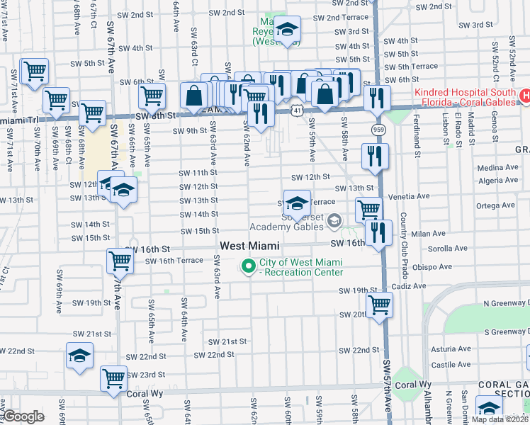 map of restaurants, bars, coffee shops, grocery stores, and more near 6102 Southwest 13th Terrace in West Miami