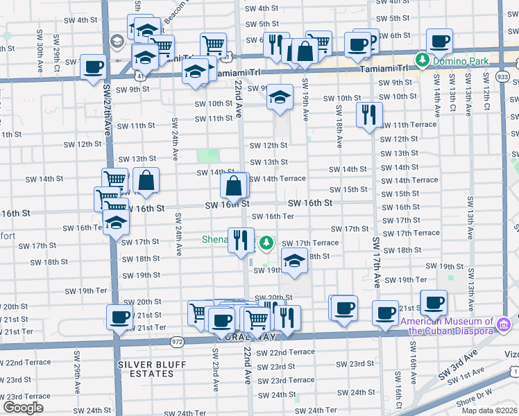 map of restaurants, bars, coffee shops, grocery stores, and more near 2154 Southwest 16th Street in Miami
