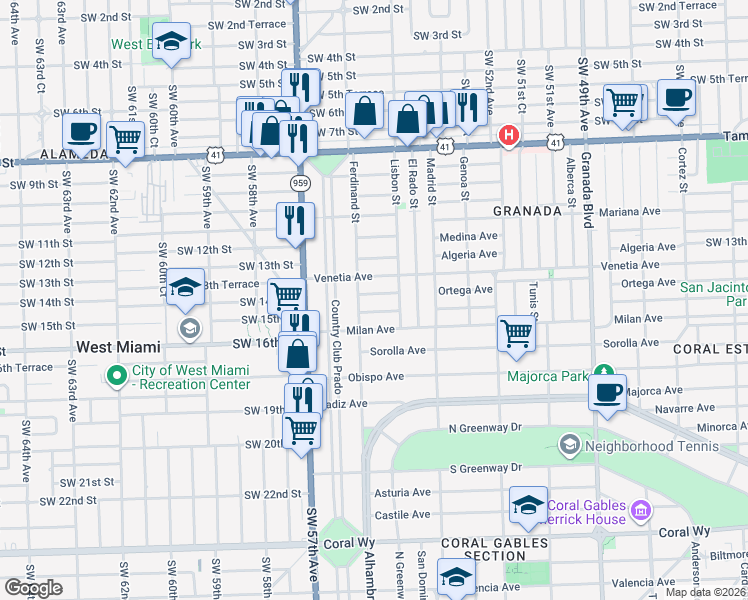 map of restaurants, bars, coffee shops, grocery stores, and more near 1424 Ortega Avenue in Coral Gables