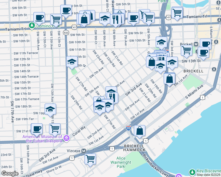 map of restaurants, bars, coffee shops, grocery stores, and more near 420 Southwest 24th Road in Miami