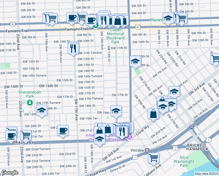map of restaurants, bars, coffee shops, grocery stores, and more near 1327 Southwest 16th Street in Miami