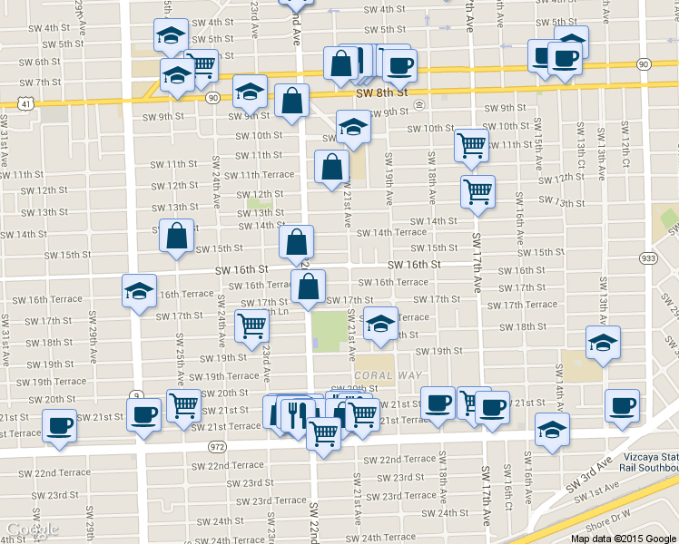 map of restaurants, bars, coffee shops, grocery stores, and more near 2126 Southwest 16th Street in Miami