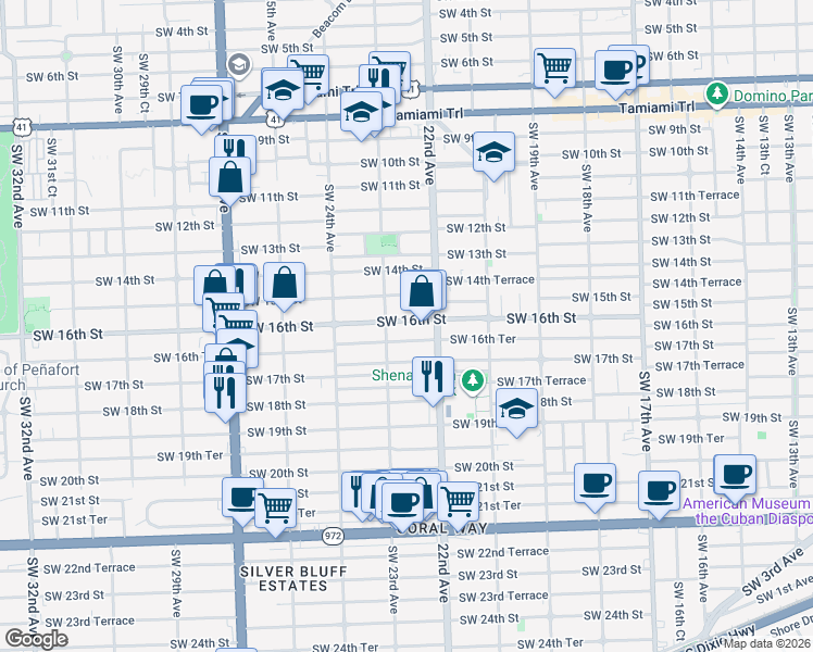 map of restaurants, bars, coffee shops, grocery stores, and more near 2280 Southwest 16th Street in Miami