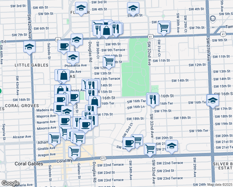 map of restaurants, bars, coffee shops, grocery stores, and more near 3430 Southwest 15th Street in Miami