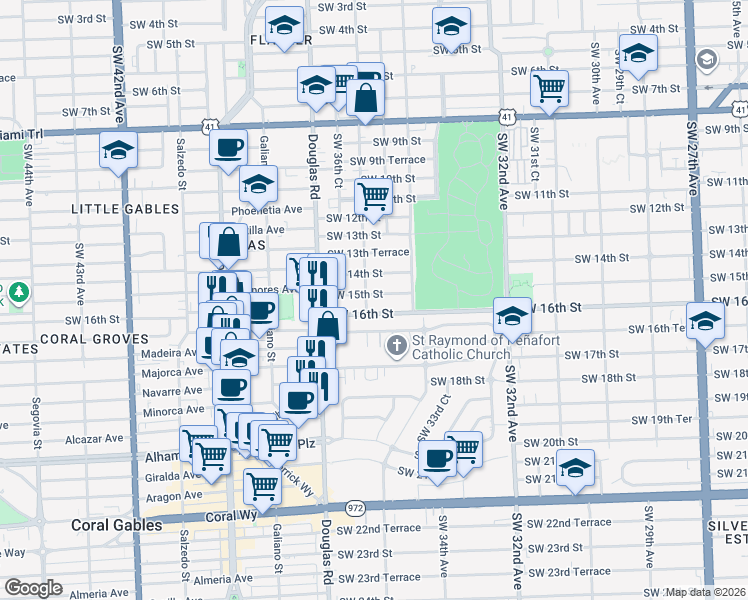 map of restaurants, bars, coffee shops, grocery stores, and more near 1500 Southwest 36th Avenue in Miami