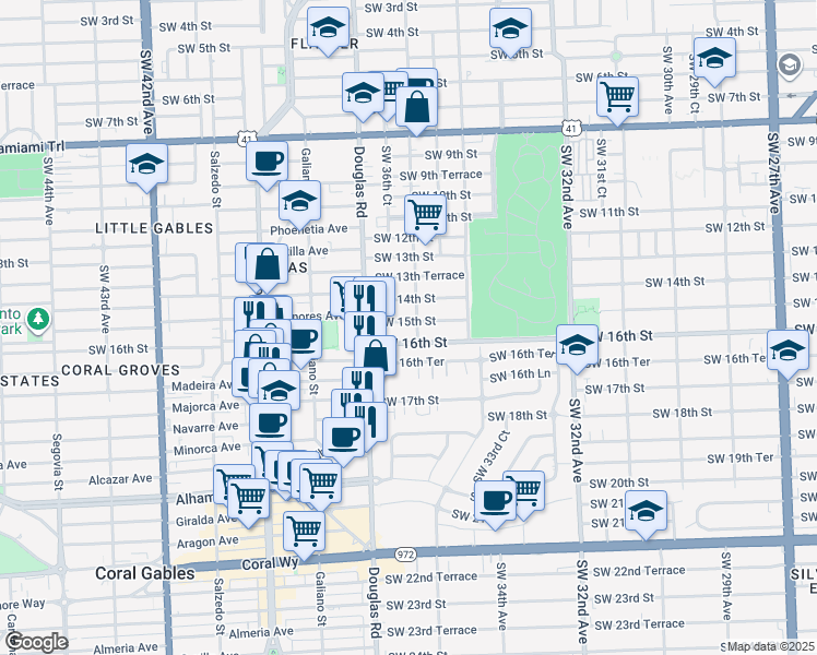 map of restaurants, bars, coffee shops, grocery stores, and more near 1500 Southwest 36th Avenue in Miami
