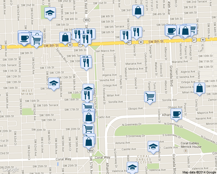 map of restaurants, bars, coffee shops, grocery stores, and more near 1424 Ortega Avenue in Coral Gables