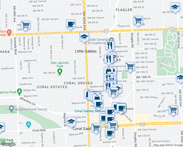 map of restaurants, bars, coffee shops, grocery stores, and more near 350 Menores Avenue in Miami