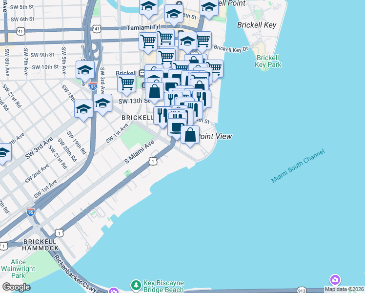 map of restaurants, bars, coffee shops, grocery stores, and more near 1450 Brickell Bay Drive in Miami