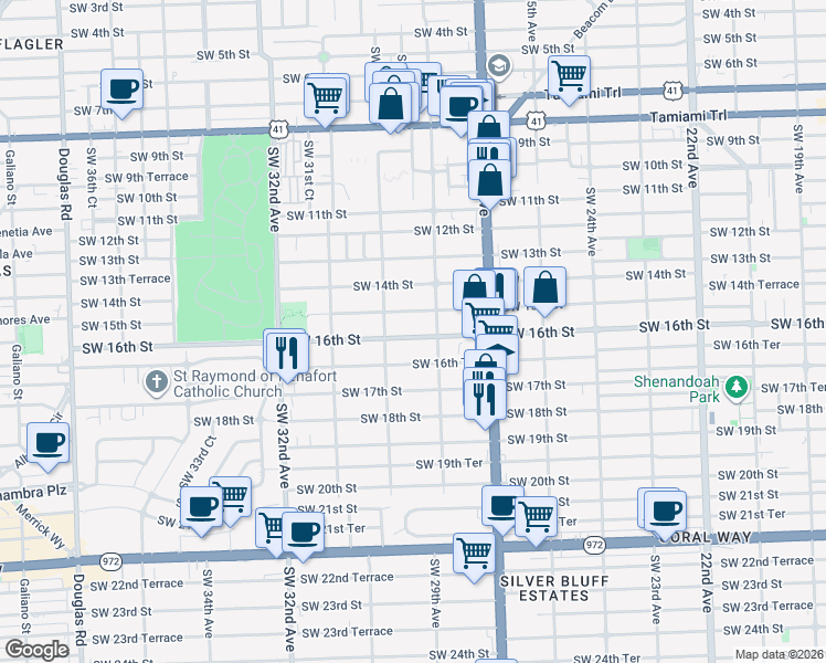 map of restaurants, bars, coffee shops, grocery stores, and more near 2901 Southwest 16th Street in Miami