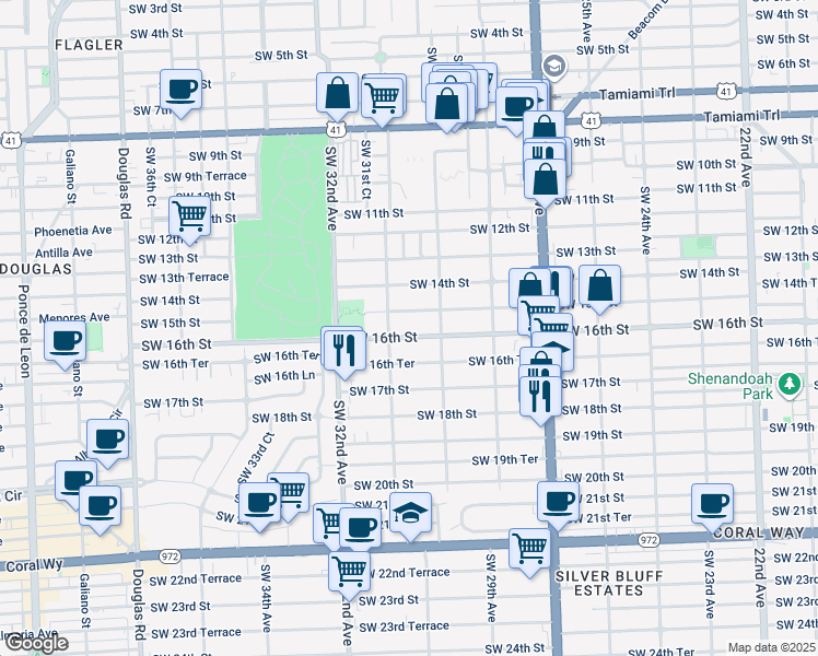 map of restaurants, bars, coffee shops, grocery stores, and more near 3059 Southwest 16th Street in Miami
