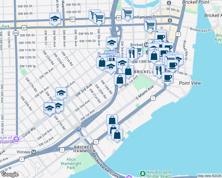 map of restaurants, bars, coffee shops, grocery stores, and more near 1895 Southwest 2nd Avenue in Miami