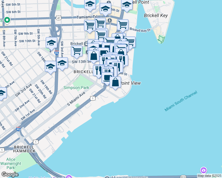 map of restaurants, bars, coffee shops, grocery stores, and more near 1450 Brickell Bay Drive in Miami