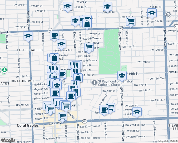 map of restaurants, bars, coffee shops, grocery stores, and more near 1500 Southwest 36th Avenue in Miami
