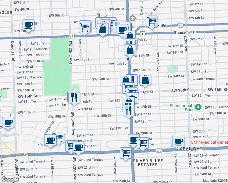 map of restaurants, bars, coffee shops, grocery stores, and more near 2901 Southwest 16th Street in Miami