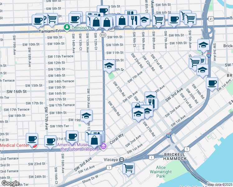 map of restaurants, bars, coffee shops, grocery stores, and more near 2735 Southwest 7th Avenue in Miami
