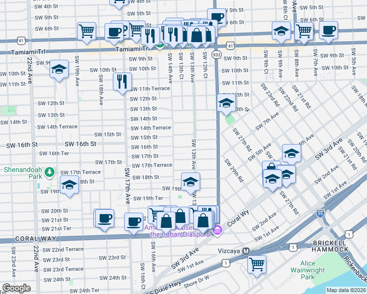 map of restaurants, bars, coffee shops, grocery stores, and more near 1327 Southwest 16th Street in Miami
