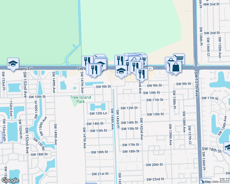 map of restaurants, bars, coffee shops, grocery stores, and more near 984 Southwest 143rd Place in Miami