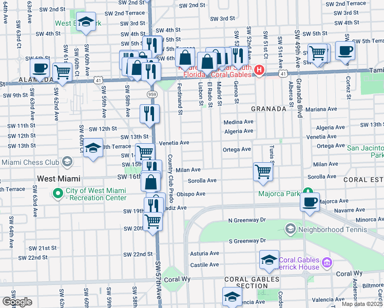 map of restaurants, bars, coffee shops, grocery stores, and more near 1424 Ortega Avenue in Coral Gables