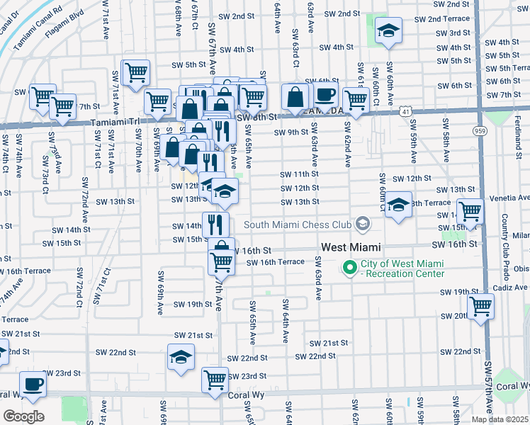 map of restaurants, bars, coffee shops, grocery stores, and more near 6457 Southwest 14th Street in West Miami