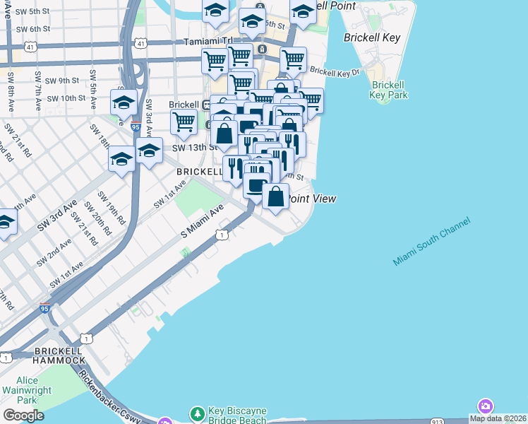 map of restaurants, bars, coffee shops, grocery stores, and more near 1450 Brickell Bay Drive in Miami