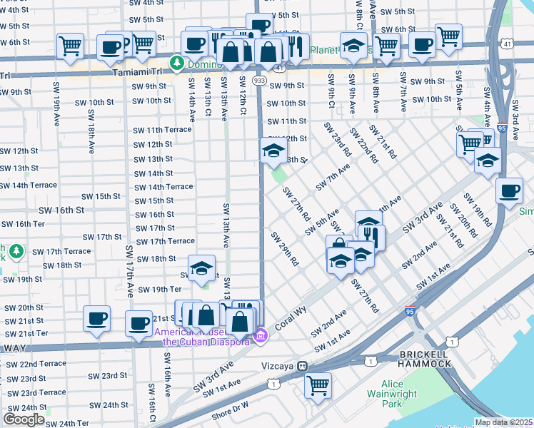 map of restaurants, bars, coffee shops, grocery stores, and more near 1565 Southwest 12th Avenue in Miami