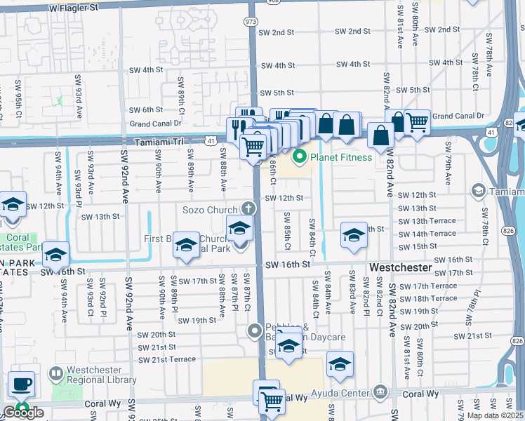 map of restaurants, bars, coffee shops, grocery stores, and more near 1235 Southwest 87th Avenue in Miami