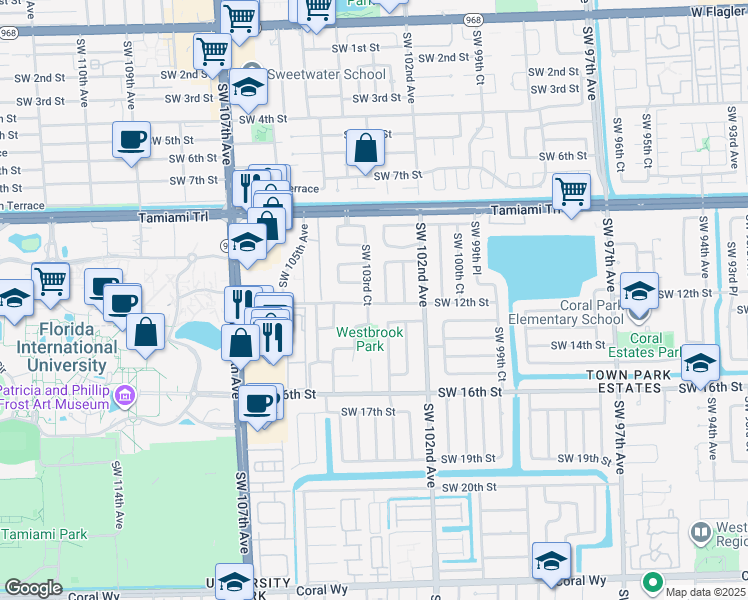 map of restaurants, bars, coffee shops, grocery stores, and more near 1171 Southwest 103rd Court in Miami