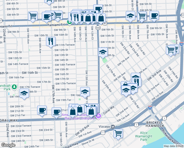 map of restaurants, bars, coffee shops, grocery stores, and more near 1255 Southwest 16th Street in Miami