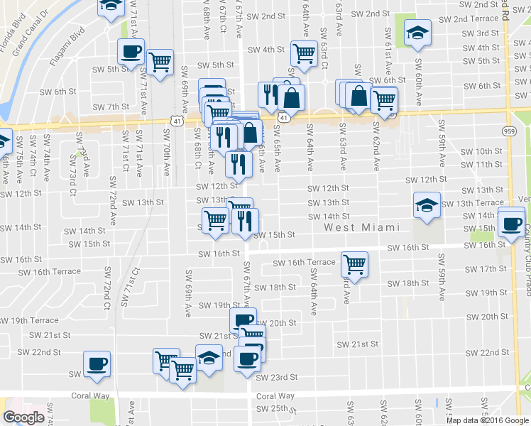 map of restaurants, bars, coffee shops, grocery stores, and more near 6551 Southwest 13th Terrace in Miami