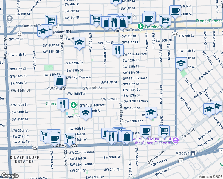 map of restaurants, bars, coffee shops, grocery stores, and more near 1724 Southwest 16th Street in Miami