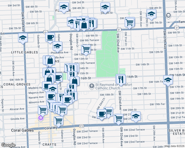 map of restaurants, bars, coffee shops, grocery stores, and more near 3430 Southwest 15th Street in Miami